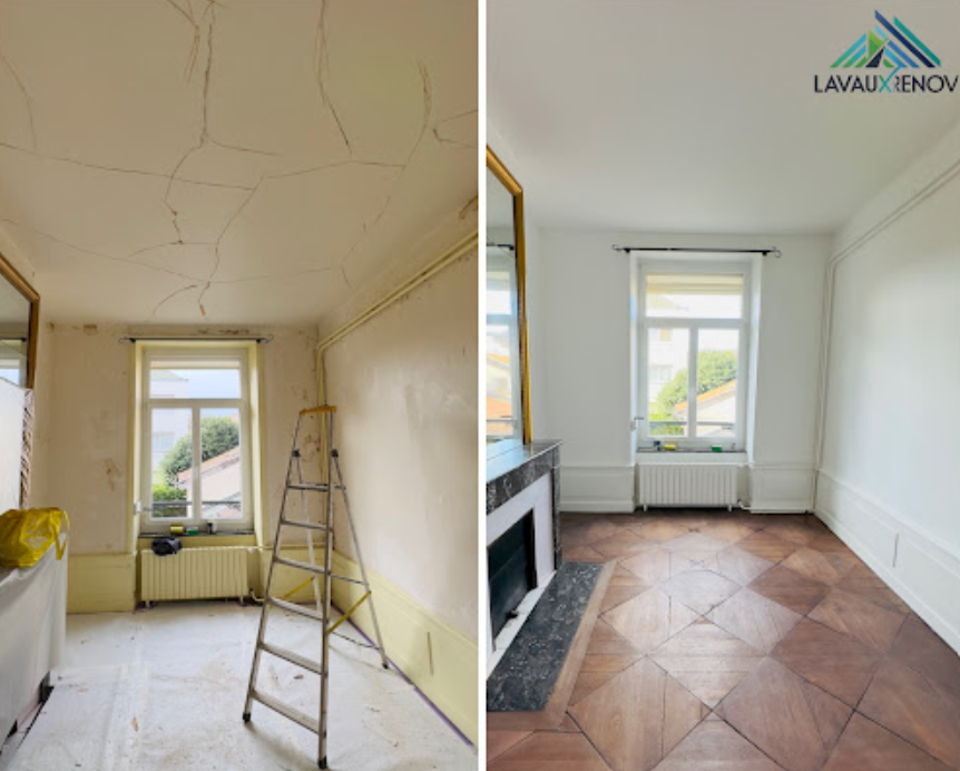 Avant / après : remise en peinture d'une pièce ancienne, murs et plafond, par LavauxRenov