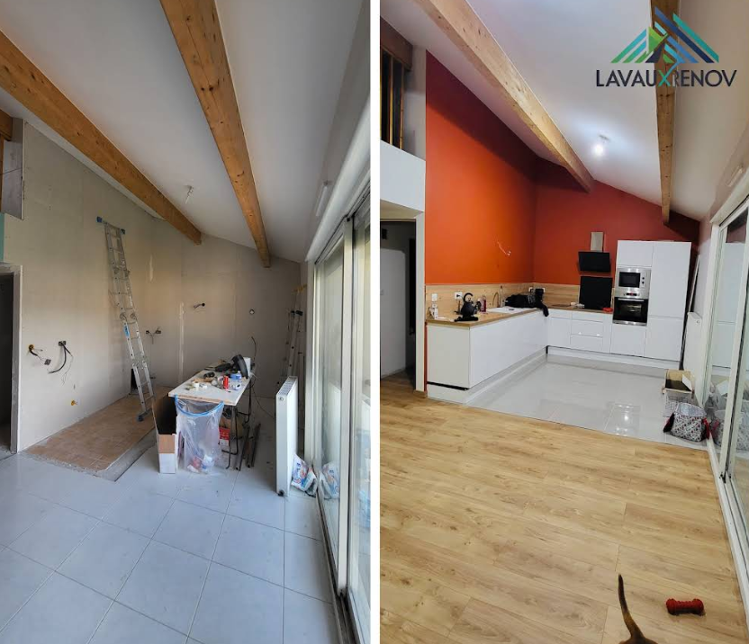 Avant / après : rénovation complète d'un séjour sous combles avec mur d'accent terracotta, à Nancy
